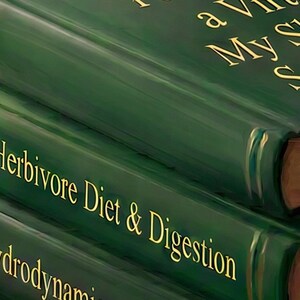 Close-up of the gold lettering on the emerald clothbound books in the turtle print, showing Herbivore Diet and Digestion and Hydrodynamics for Beginners.