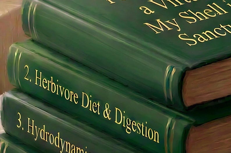 Close-up of the gold lettering on the emerald clothbound books in the turtle print, showing Herbivore Diet and Digestion and Hydrodynamics for Beginners.