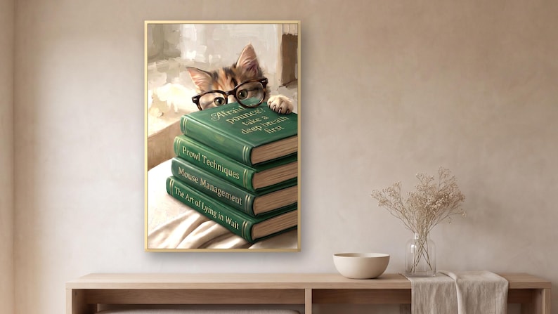 Wide view of a bare plaster wall with the framed cat peeking over books print above a long pale oak console holding a cream bowl, a glass vase of dried gypsophila and a folded linen runner.