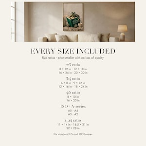 Print size chart for the tortoise reading art print showing every included ratio and dimension, from 2:3 and 3:4 through 4:5, ISO A-series and 11:14