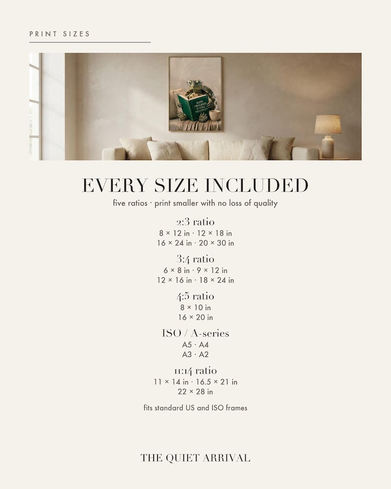 Print size chart for the tortoise reading art print showing every included ratio and dimension, from 2:3 and 3:4 through 4:5, ISO A-series and 11:14