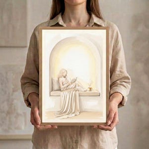 Hands holding a framed neutral woman reading nook wall art print in natural oak with a cream mat, showing the arched reading niche and warm beige tones.