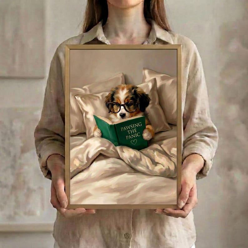 Person in a linen shirt holding the framed dog reading print in a slim gold frame, showing its true scale against a soft neutral background
