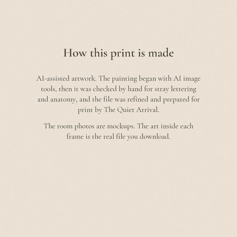 Note explaining the artwork is AI-assisted, checked by hand, and the room photos are mockups with the real file inside