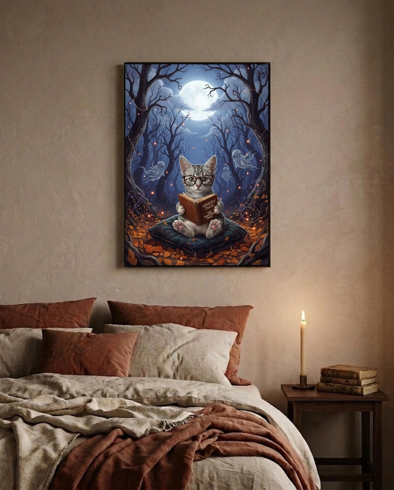 The kitten and ghosts ghost reading print framed above a bed with linen bedding and a lit candle on the nightstand