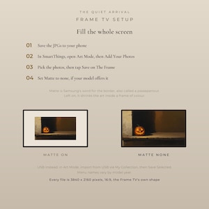 Setup guide for Samsung Frame TV showing how to turn off Matte in Art Mode, comparing display with Matte on art shrunk and Matte none so the art fills the screen