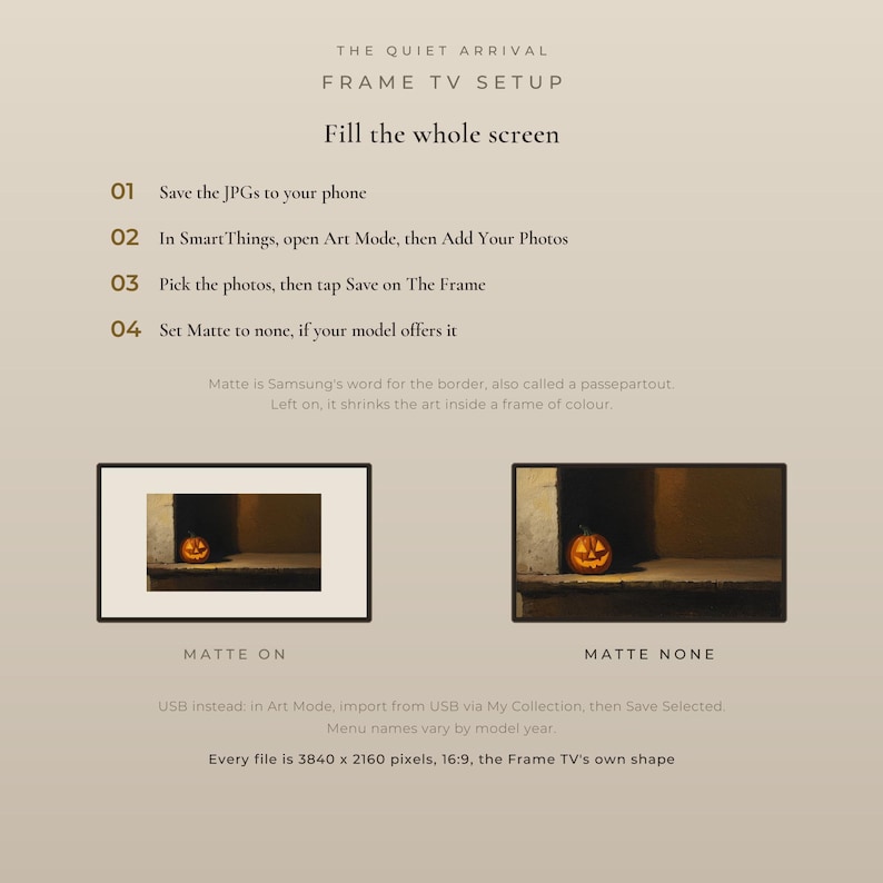 Setup guide for Samsung Frame TV showing how to turn off Matte in Art Mode, comparing display with Matte on art shrunk and Matte none so the art fills the screen