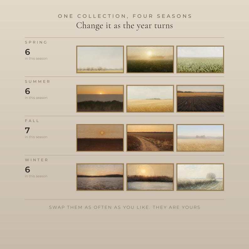 The 25 landscapes sorted by season: 6 for spring, 6 for summer, 7 for fall and 6 for winter, with three previews of each