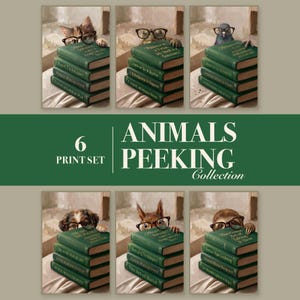 Animals Peeking Over Books Set of 6, Funny Bookish Wall Art, Reading Nook (Download)