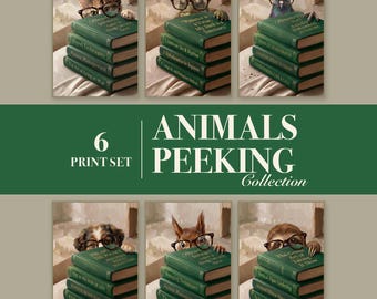 Animals Peeking Over Books Set of 6, Funny Bookish Wall Art, Reading Nook (Download)