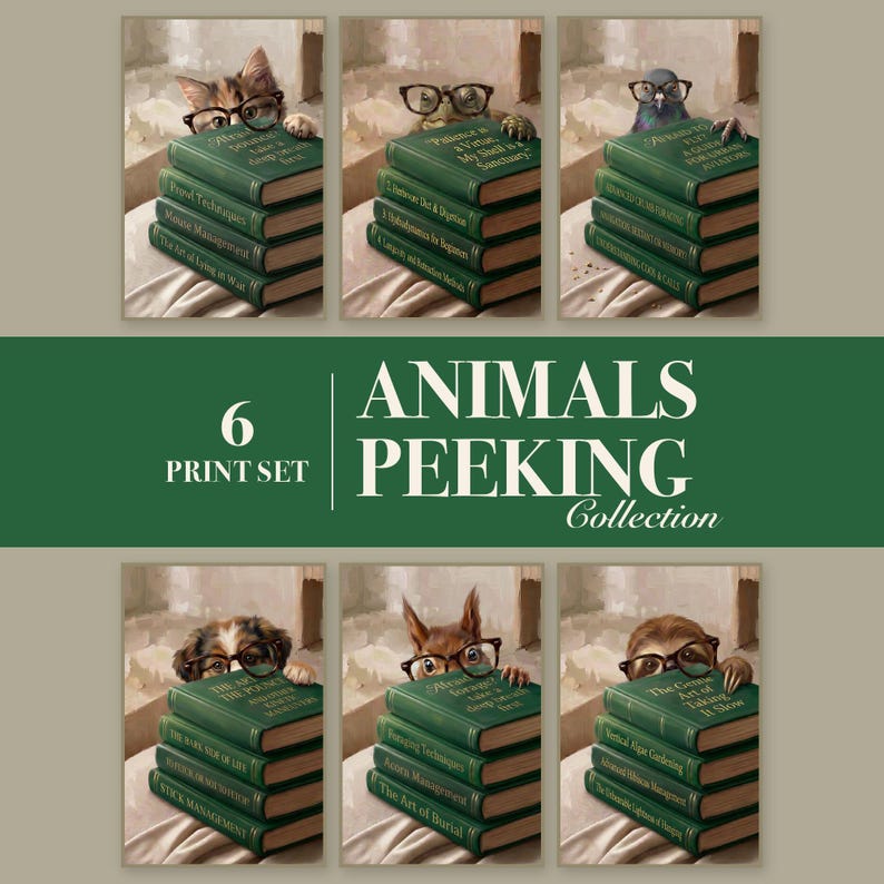 Grid of 6 prints of animals peeking over books with a band reading 6 Print Set, Animals Peeking Collection
