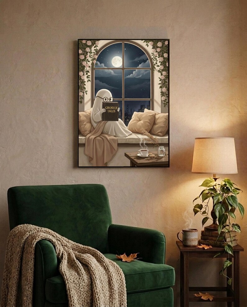 The window seat coffee ghost reading print framed above a green velvet armchair with a knit throw and a warm lamp