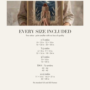 Size chart card listing every print size included for each aspect ratio in this download.