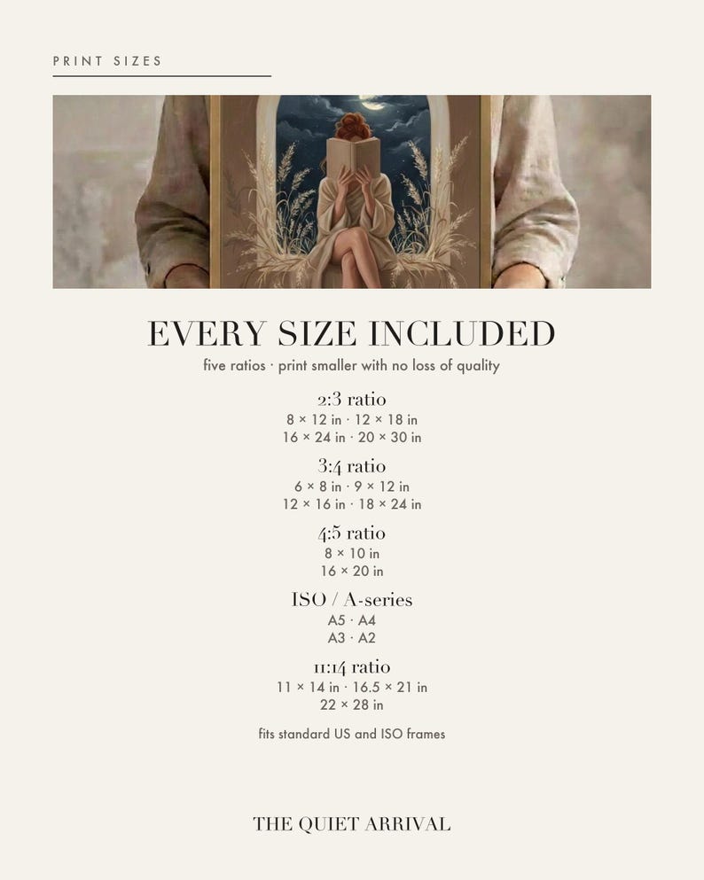 Size chart card listing every print size included for each aspect ratio in this download.