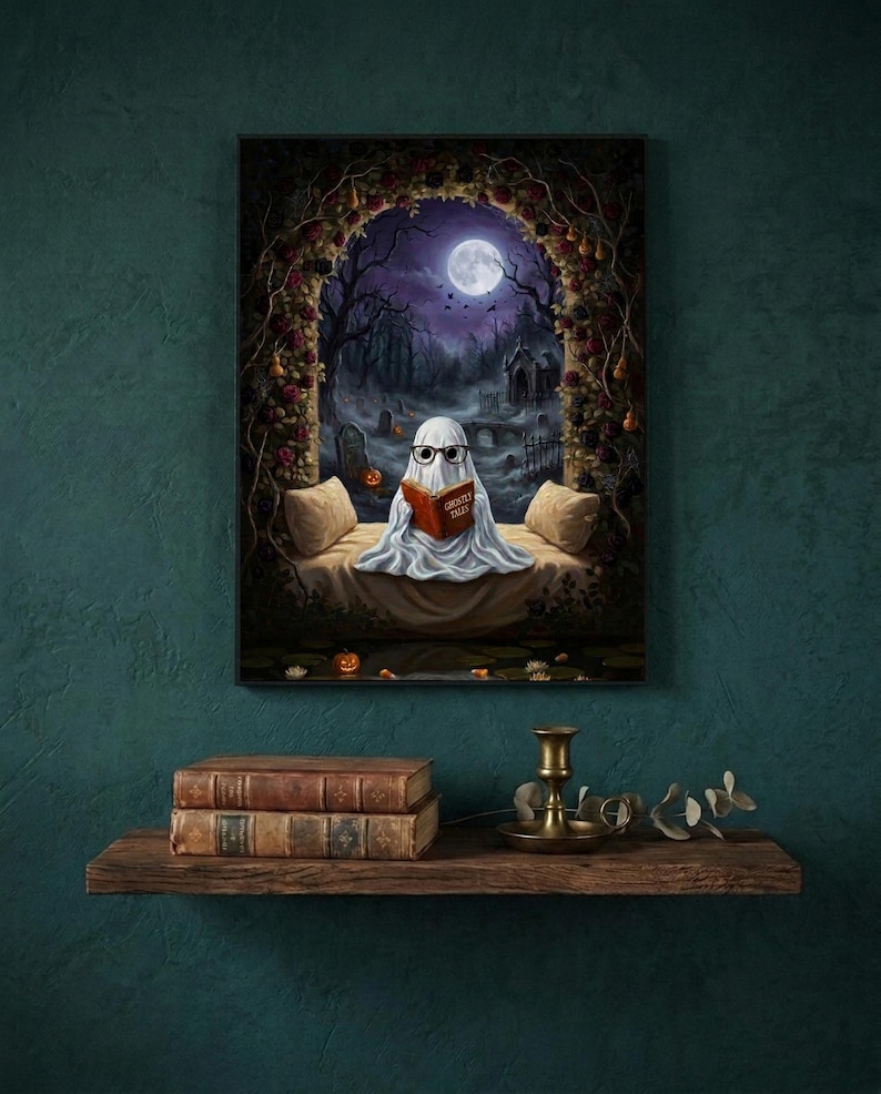 Painterly print of a small ghost in round glasses reading in a rose-covered arch above an old graveyard, holding a book titled Ghostly Tales, framed on a deep teal wall above a narrow shelf with antique books and a brass candlestick