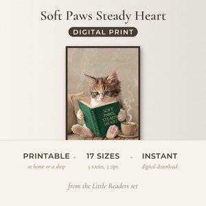 Offer card for the Soft Paws Steady Heart print: the framed print with a benefit row reading printable, 17 sizes, instant download