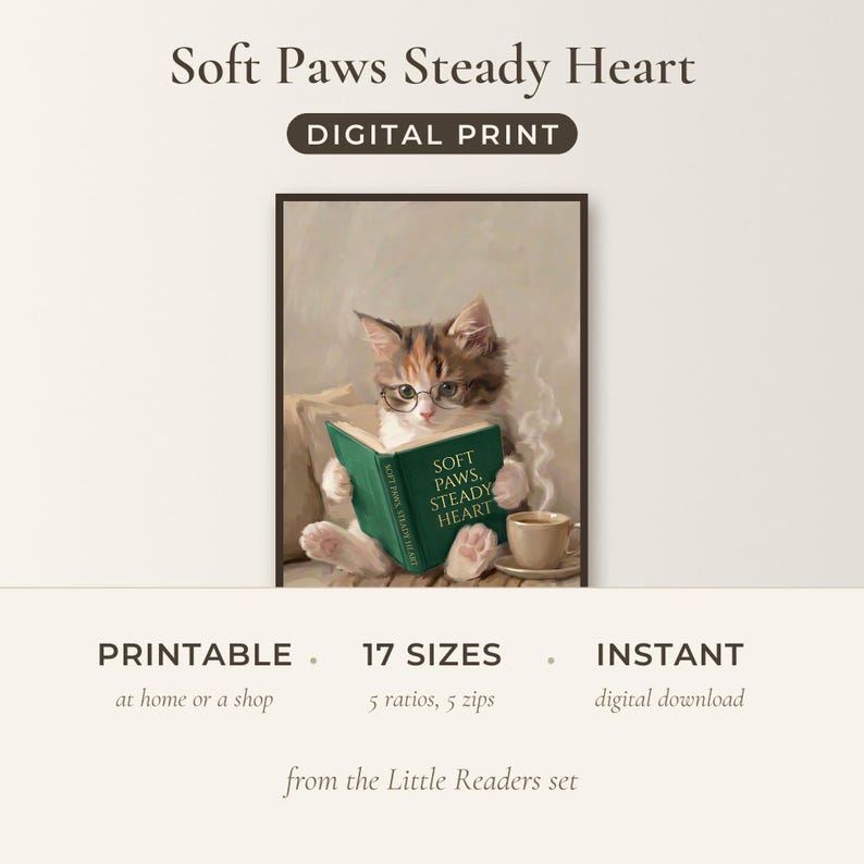 Offer card for the Soft Paws Steady Heart print: the framed print with a benefit row reading printable, 17 sizes, instant download