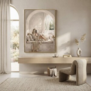 Neutral woman reading nook art in a restrained workspace with pale walls, natural linen textures, and a thin gold frame, no mat.