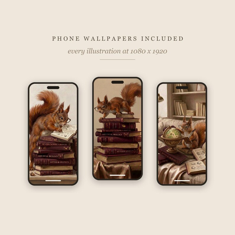 Three phone screens showing squirrel reading illustrations used as phone wallpapers