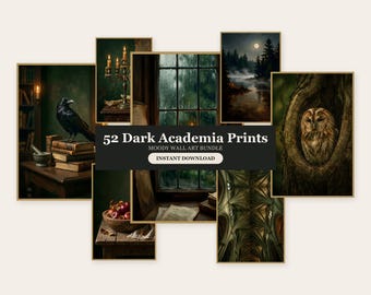Set van 52 printbare muurdecoraties in Dark Academia-stijl, sfeervolle gotische boekenplankdecoratie, Halloween-bibliotheek