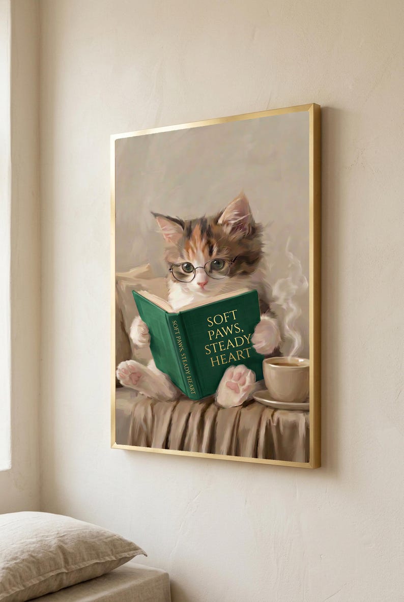 Close view of the kitten print in a thin gold frame, the art filling the frame edge to edge