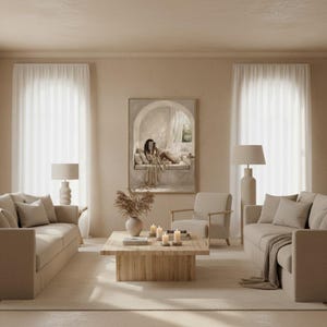 Same Black woman reading nook art in a calm light-filled living room with warm plaster walls and a thin gold frame, no mat.