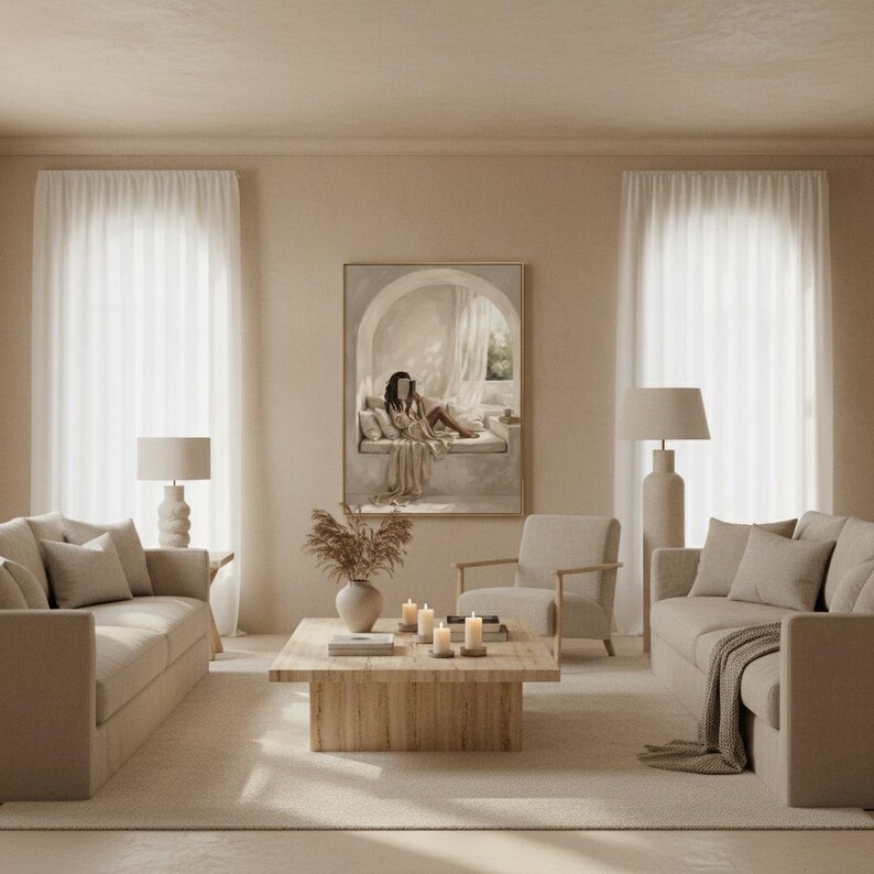 Same Black woman reading nook art in a calm light-filled living room with warm plaster walls and a thin gold frame, no mat.