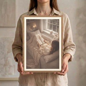 Woman holding a framed reading nook wall art print with a light oak frame and white mat, showing the true print size against a linen shirt.