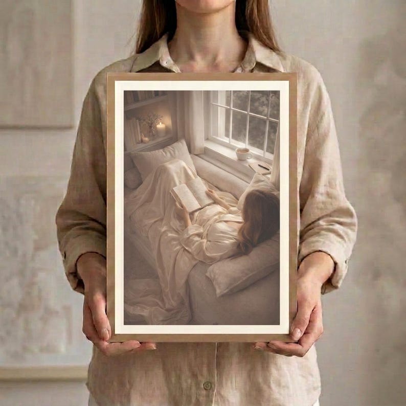 Woman holding a framed reading nook wall art print with a light oak frame and white mat, showing the true print size against a linen shirt.