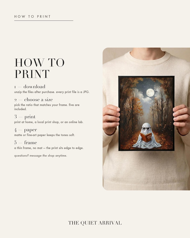 How to print card: download and unzip, choose the ratio that fits your frame, print at home or at a print shop, and framing and paper tips.