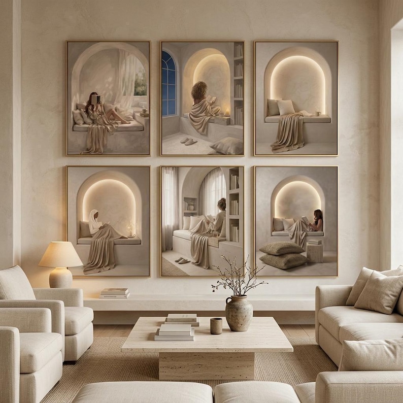 Six gold-framed beige prints on a plaster wall in a neutral living room with two cream sofas, a wide coffee table, stacked books and a stoneware vase.