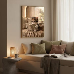 Framed cat reading print in a quiet reading corner beside a low sofa with olive and blush cushions and a small lamp