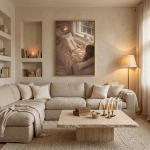 Beige minimalist wall art print of a woman reading, framed in gold and hung above a neutral sectional sofa in a cozy living room with built-in bookshelves and candlelight.