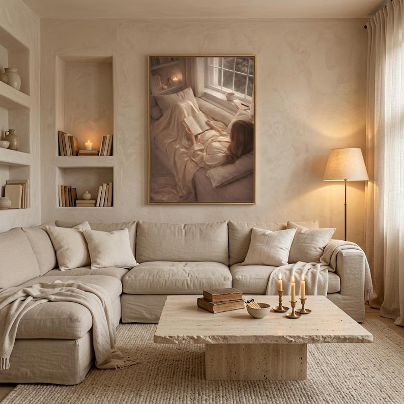 Beige minimalist wall art print of a woman reading, framed in gold and hung above a neutral sectional sofa in a cozy living room with built-in bookshelves and candlelight.