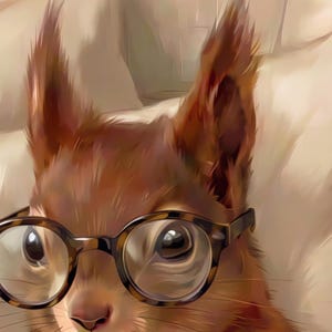 Close-up detail from Squirrel Reading Wall Art, a cropped fragment of the printable artwork showing the painted texture, soft light and colour up close.