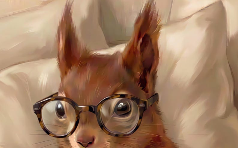 Close-up detail from Squirrel Reading Wall Art, a cropped fragment of the printable artwork showing the painted texture, soft light and colour up close.