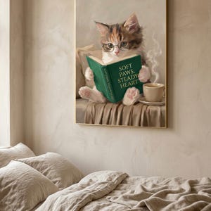 The kitten print in a thin gold frame hanging above a bed with rumpled linen bedding