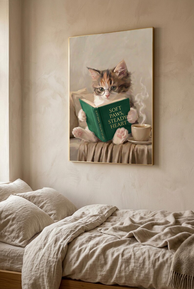 The kitten print in a thin gold frame hanging above a bed with rumpled linen bedding