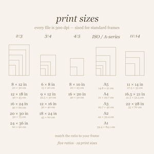 Reading nook wall art printable size chart showing 5 ratios from 8x12 to 24x36 inches, neutral digital download guide