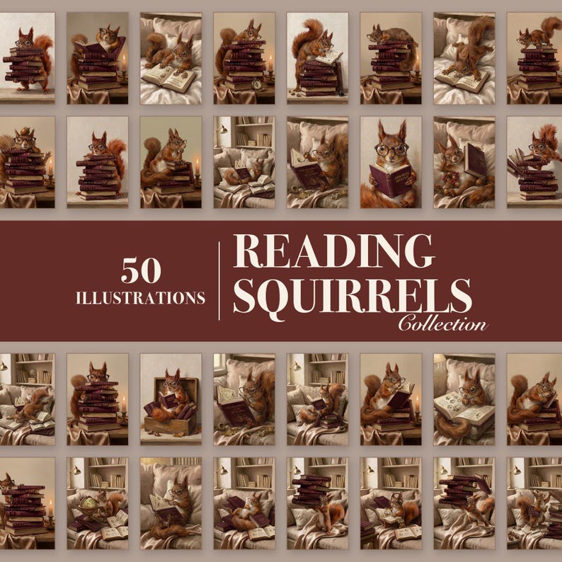 Grid of 50 reading squirrel illustrations with a band reading 50 Illustrations, Reading Squirrels Collection