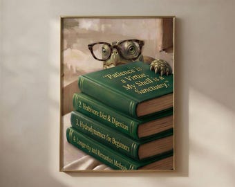 Schildpad die over boeken heen gluurt | Grappige muurdecoratie met boekenthema | Printbare digitale download voor een leeshoekje