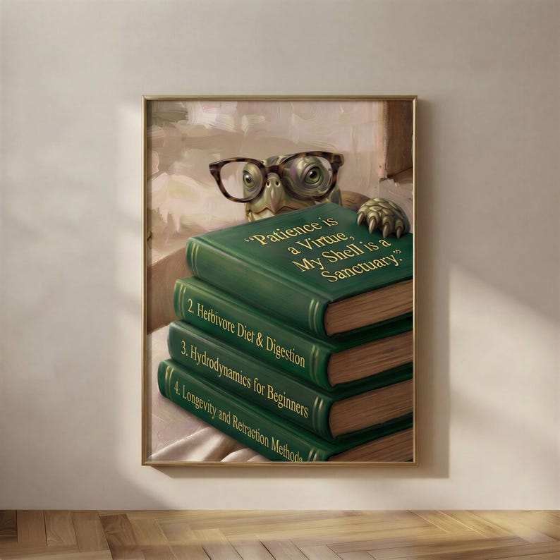 Painterly print of a green turtle with round glasses and a scaly paw peeking over a stack of books titled Patience Is a Virtue, framed on a warm plaster wall