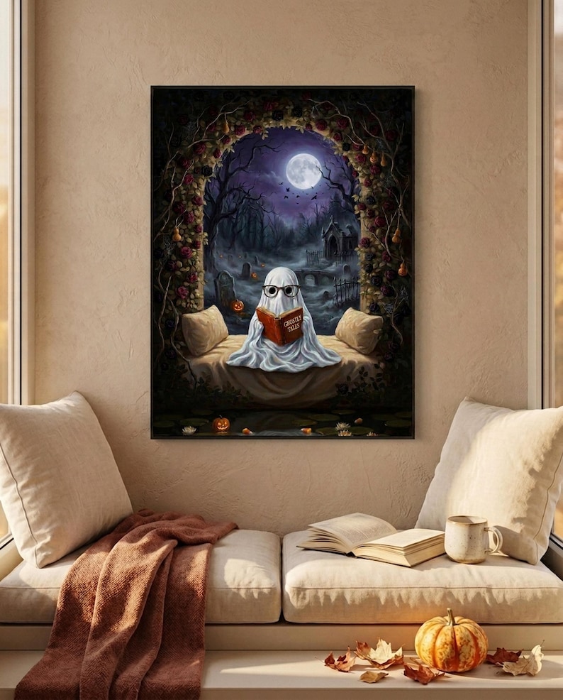 The graveyard arch ghost reading print framed above a cushioned window bench with a wool throw and a small pumpkin