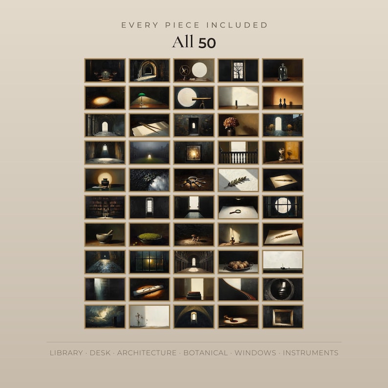 Contact sheet showing all fifty dark academia artworks in the set, arranged in a grid