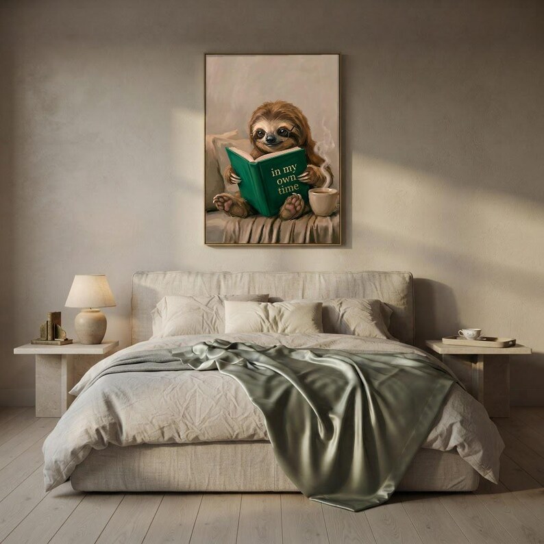 Sloth reading art print framed on a textured plaster bedroom wall above linen bedding in soft morning light