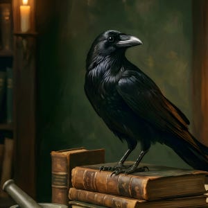 Close-up detail of the raven print, cropped from the original file at full resolution, showing the oil brushwork in the bird's feathers and the worn book covers beneath it.