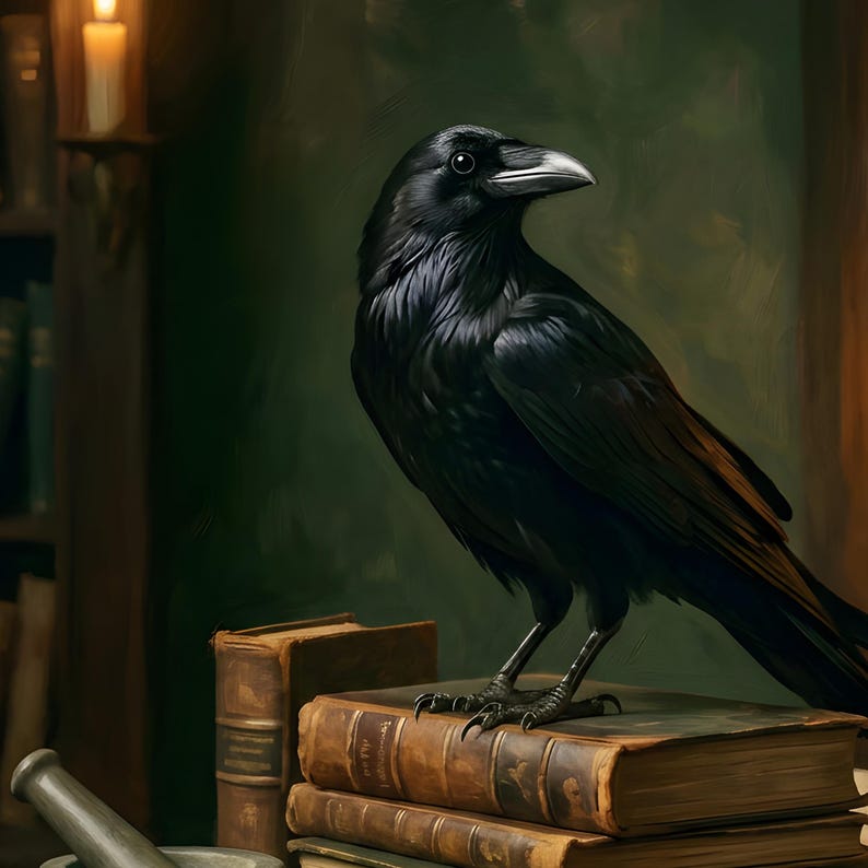Close-up detail of the raven print, cropped from the original file at full resolution, showing the oil brushwork in the bird's feathers and the worn book covers beneath it.