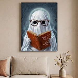 The ghost reading print in a calm neutral living room with a linen sofa and dried stems