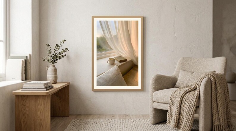 Window seat wall art print in cozy living room with armchair and knit throw, book and coffee on ledge with sheer curtains, Japandi Scandinavian interior, beige neutral minimalist decor, eucalyptus and wooden furniture, slow living home accent, digital printable