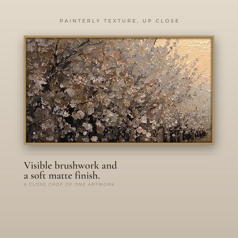 Close crop of one artwork in a gold frame, a blossoming tree in soft light, showing the visible brushwork and soft matte finish of the painterly texture